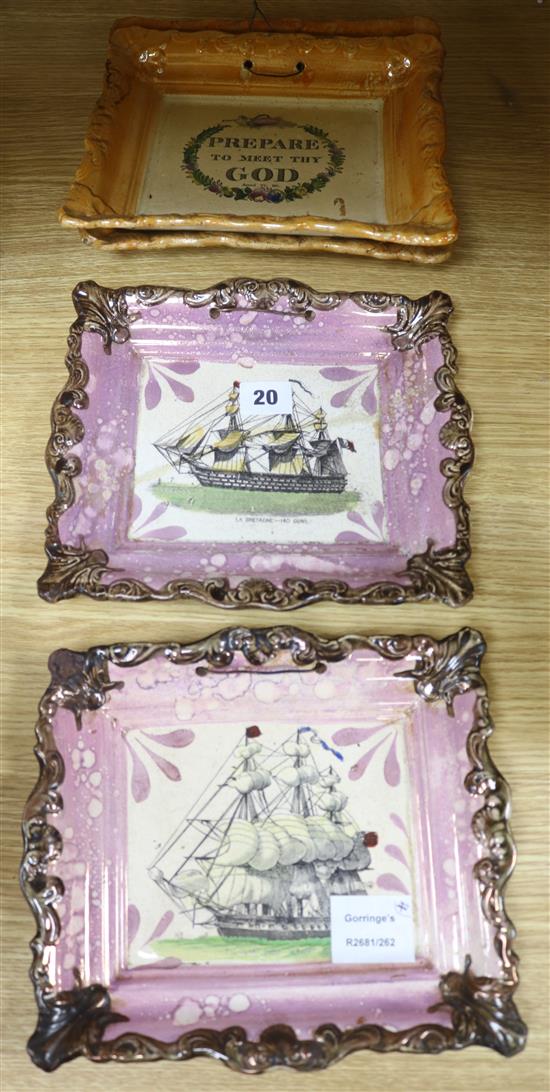 Two Sunderland pink lustre ship wall plaques, two Sunderland orange lustre wall plaques and two pot lids